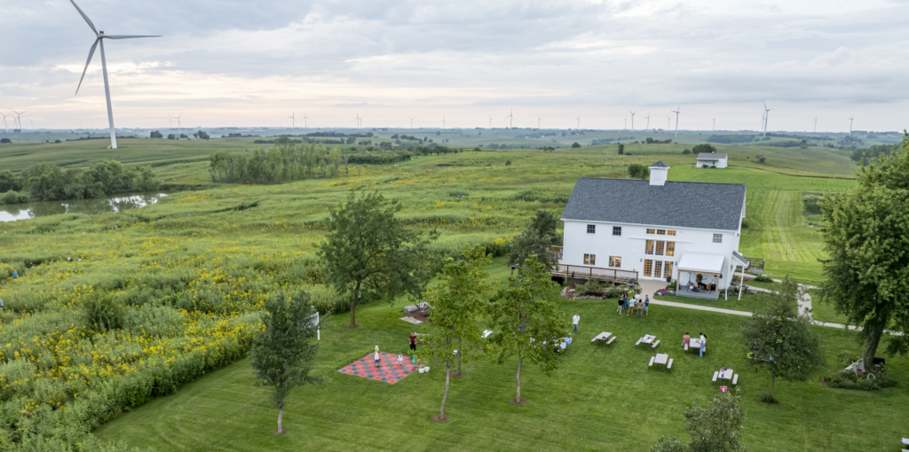 Wallace Farm Aerial 1 an aerial view of Gathering Barn and prairie